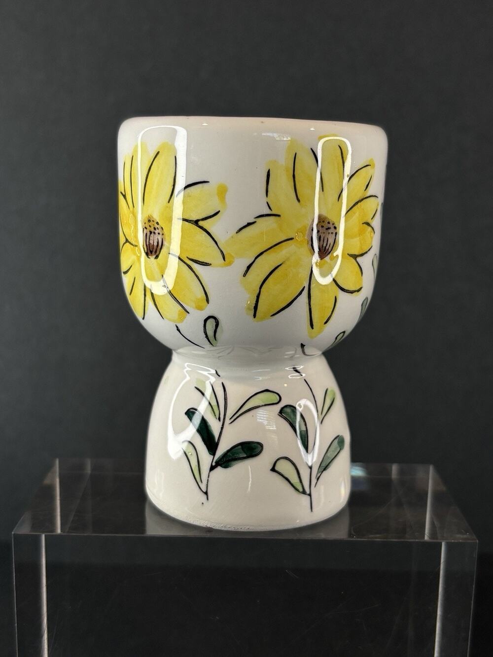 Vintage Mid Century Japan Double Egg Cup Hand Painted Sunflower Yellow Flower